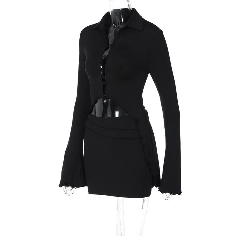 turnover-collar-button-flared-sleeve-ruffle-mini-skirt-set turnover-collar-button-flared-sleeve-ruffle-mini-skirt-set