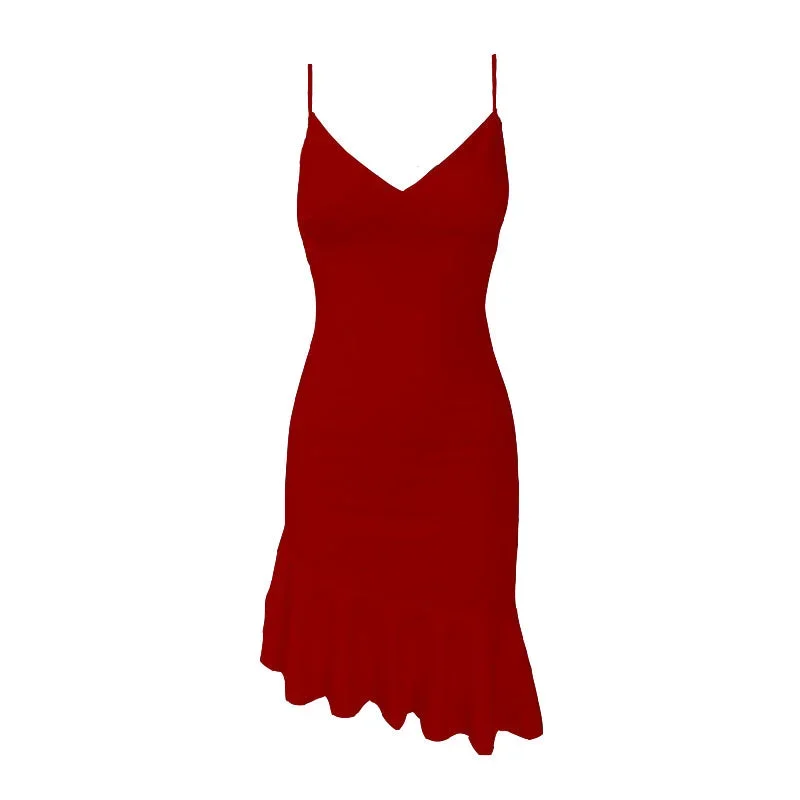v-neck-ruffle-backless-irregular-solid-cami-dress v-neck-ruffle-backless-irregular-solid-cami-dress