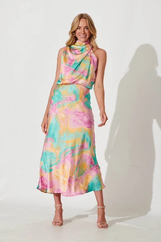 Visions Maxi Dress In Pink With Aqua Watercolour Satin